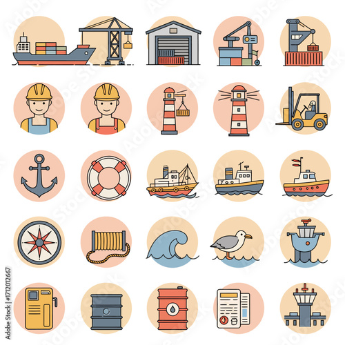Maritime and industrial icons depicting shipping, logistics, and port operations for commercial use
