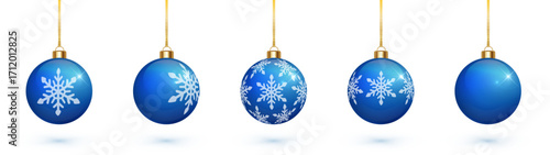 Realistic blue Christmas baubles with snowflake print. PNG Decorative holiday ornaments isolated vector design.