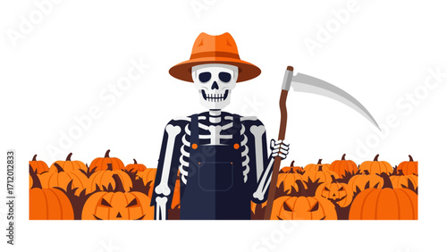 The Spooky Guardian of the Pumpkin Patch: A skeletal figure stands guard amidst a vibrant field of pumpkins, with a scythe, embodying the eerie essence of All Hallows' Eve and Halloween.