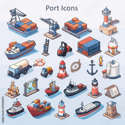 Vibrant port icons offer dynamic maritime logistics and shipping industry visuals for modern design projects
