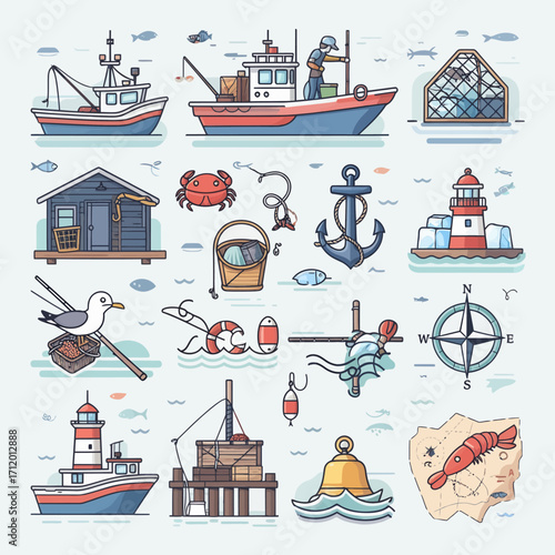 Charming nautical icons depicting fishing boats, lighthouses, and marine life for maritime themes.
