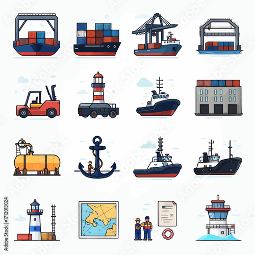 Maritime and logistics icons for global shipping and port operations, transport and trade
