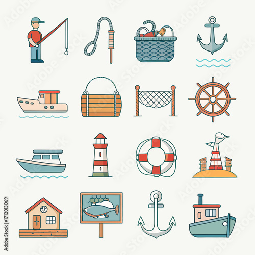 Nautical adventure icons set featuring boats, anchors, lighthouses, fishing gear, and coastal elements
