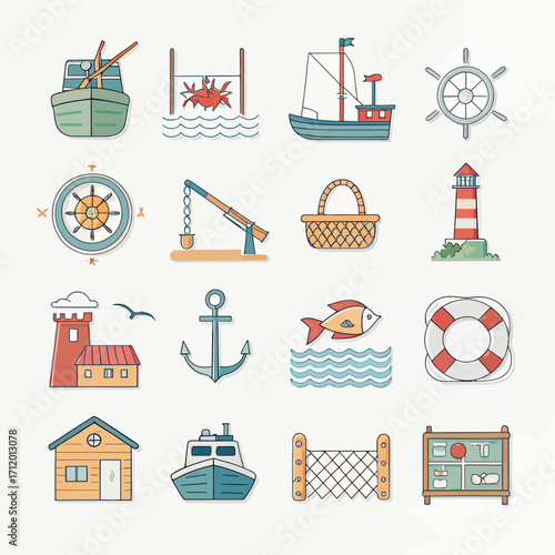 Charming nautical icons depict boats, lighthouses, anchors, and marine life for coastal themes

