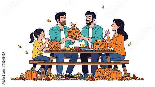 A Family Affair of Halloween: A family shares joyous moment by carving pumpkins, a heartwarming depiction of togetherness and festive cheer