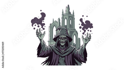 Mystic Skull Wizard: A mystical skeleton wizard, garbed in dark robes, conjures arcane power, framed by a spectral, Gothic ruin backdrop, the image a fusion of fantasy and foreboding.