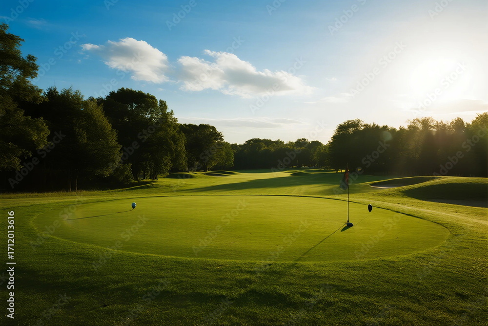 Naklejka premium Sunlit Golf Course with Well - Maintained Green and Trees Around