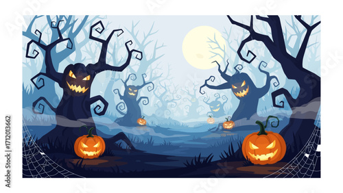 Spooky Halloween Forest: A whimsical digital illustration of a haunted Halloween forest scene, with grinning jack-o'-lanterns, eerie trees, and a full moon.