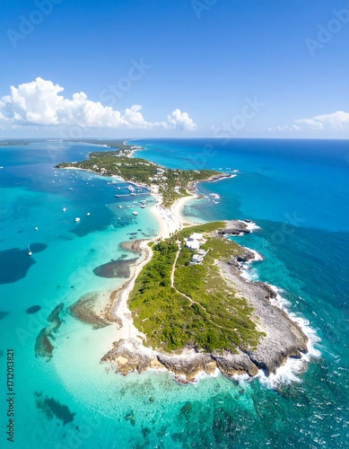 Aerial view of a tropical island with turquoise water