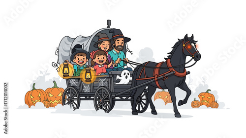Halloween Carriage Ride: An engaging illustration of a family enjoying a spooky carriage ride during Halloween. The carriage, pulled by a black horse, is filled with cheerful children and adults.