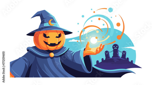Halloween Pumpkin Wizard: A spooky pumpkin-headed wizard conjures up a dazzling display of magic, perfect for Halloween, filled with mystical elements, bewitching and delightful!