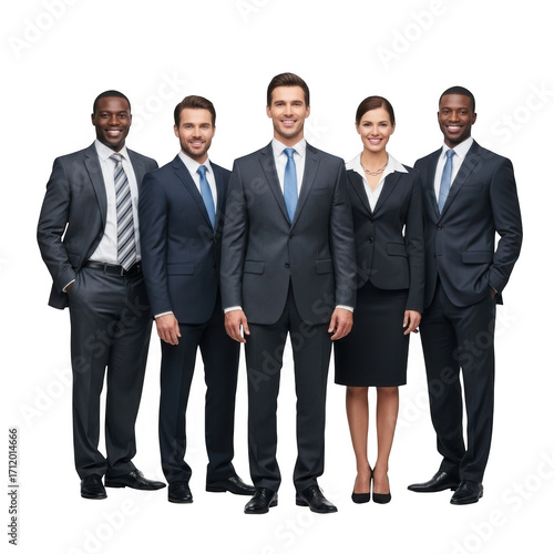 Diverse group of five business professionals standing together isolated on transparent background