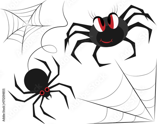 Set of cartoon spiders and spiderwebs with eyelashes and a smile. The black and red designs, perfect for Halloween clip art or decorations.