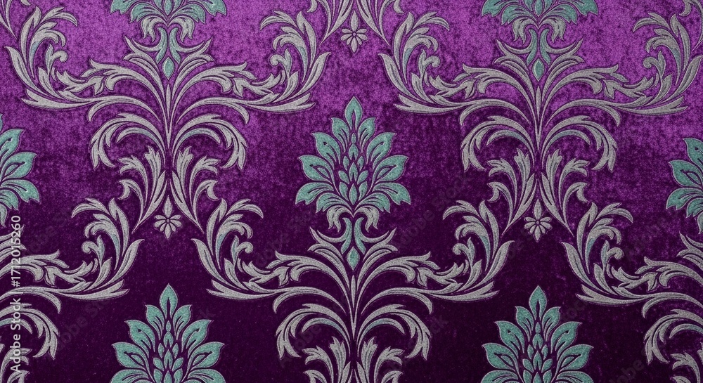 Fototapeta premium Elegant vintage damask pattern in luxurious shades of purple and teal with intricate silver details and a rich, textured background