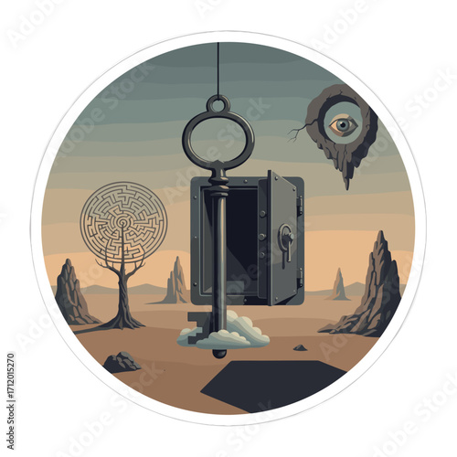 Surreal key and door floating in dreamlike landscape with trees  