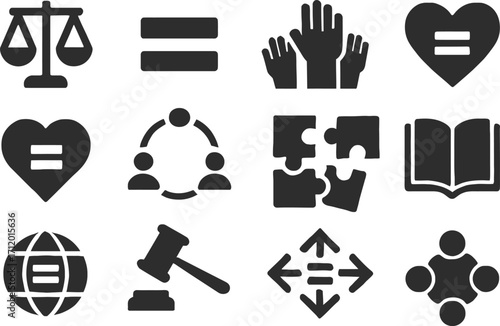minimal and modern set of 16 solid color flat icons representing equality.