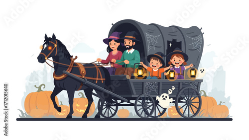 Halloween Wagon Ride: A family dressed for Halloween enjoys a festive horse-drawn wagon ride through a decorated landscape filled with pumpkins and a ghostly presence.
