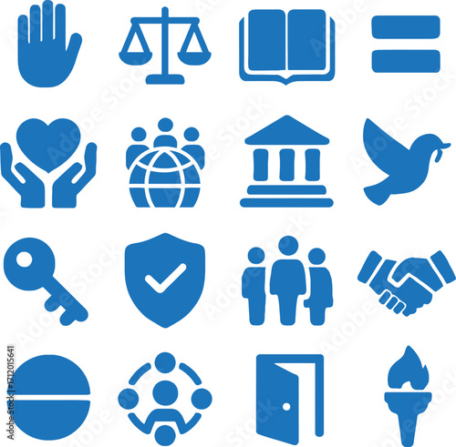 A clean and modern set of 16 solid color minimal flat icons representing human rights.