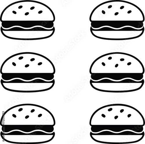 Six minimalist black and white vector hamburger icons arranged in two columns food fast food