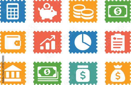 representing budget postage stamps. Each icon framed with a smooth stamp border. Featuring budget and finance-related objects such as calculator, piggy bank, coins, dollar bill, wallet, bar chart, pie