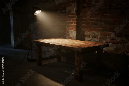 Wallpaper Mural Rustic wooden table illuminated by a single lamp in a brick-walled room Torontodigital.ca
