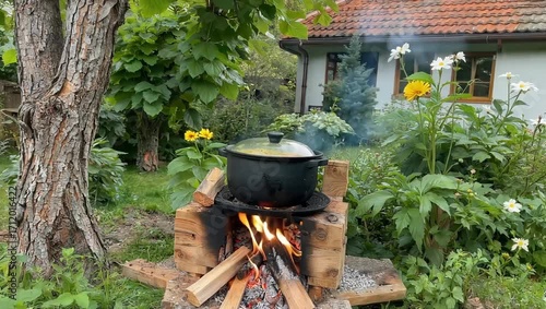 Outdoor cooking scene featuring a black pot simmering over an open fire in a rustic garden setting with flowers and a charming house in the background creating a cozy atmosphere