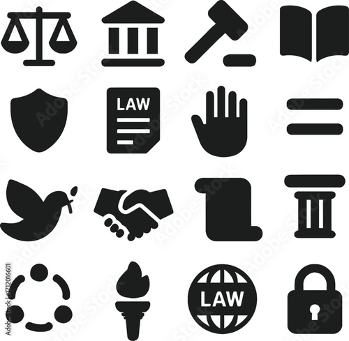 A clean and minimal set of 16 solid color flat icons symbolizing justice and fairness.