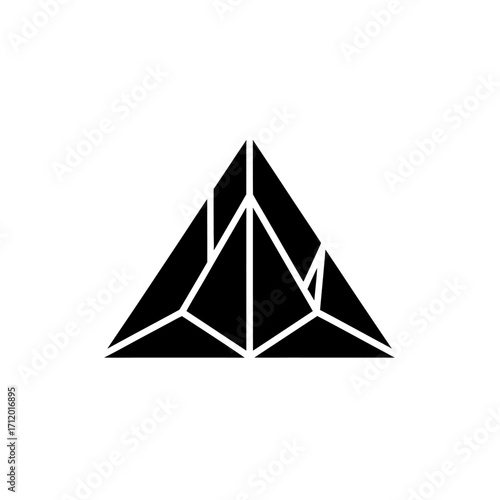 Black and white geometric illustration of a complex triangular shape with multiple facets.