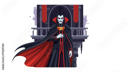 Elegant Vampire with Spooky Vibe: A sophisticated vampire, cloaked in black and red, stands before an ancient gothic structure, creating a spooky and atmospheric scene.