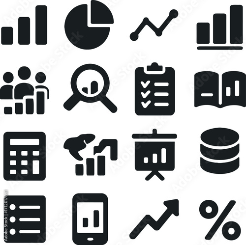 A clean and modern set of 16 solid color minimal flat icons symbolizing social statistics and data analysis.