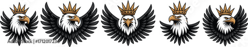 Crowned eagle illustrations, winged royalty, heraldic bird, fierce expression, black and white, gold crown, power symbol, noble icon, graphic emblem, flight pose