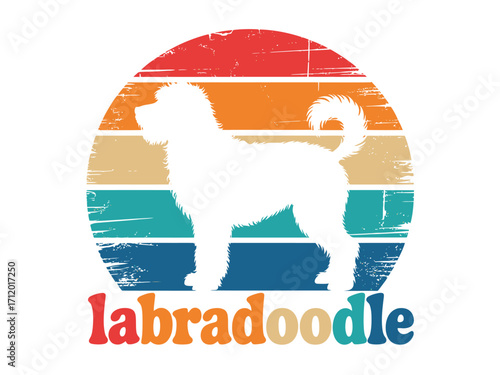 Retro sunset labradoodle silhouette with vintage stripes