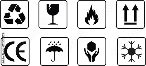 Art & Illuset of fragile package icons on transparent background, Keep dry packaging sign,Fragile, this way up, keep dry, recycle steel symbols, Upward icon illustration, stration Fragile box, cargo 