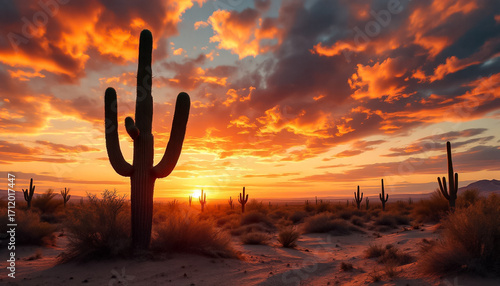 Majestic Saguaro Cactus Silhouetted Against a Vibrant Sunset