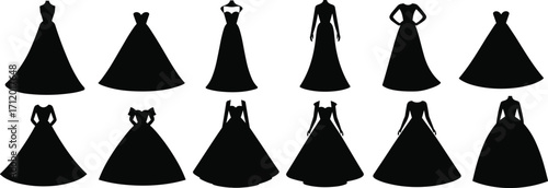 Dress silhouettes, formal gown icons, fashion design, black illustration, neckline variety, skirt shape, evening wear, stylish attire, wardrobe inspiration, elegant pose