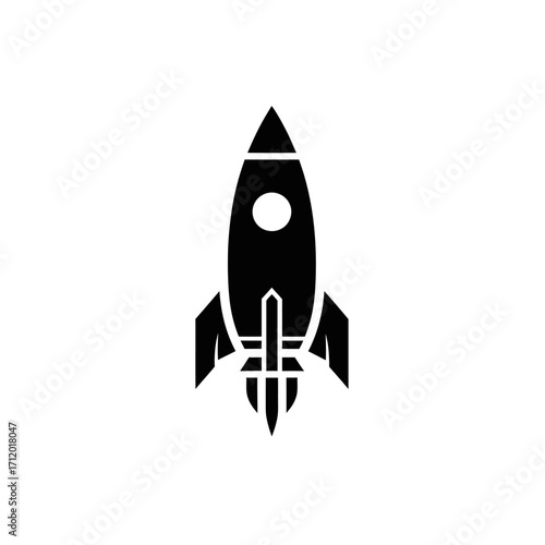 Illustration of a black rocket ship taking off on a white background.