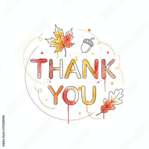 Watercolor vector illustration inscription Thank You with autumn maple leaf, oak leaf and acorn minimalistic on white background