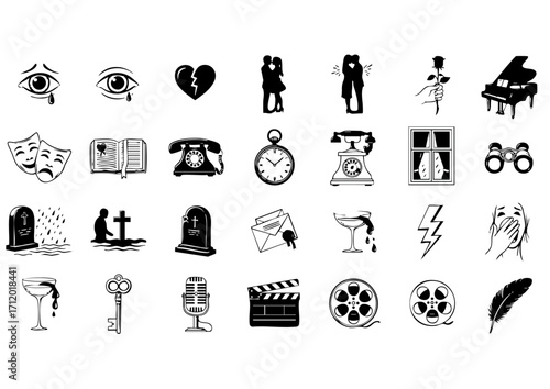 Romance and Drama Icon Collection, Love, Loss, and Emotions Symbols, Artistic Drama and Romance Vector Set
