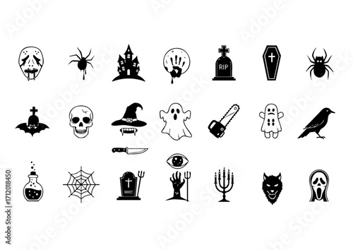 Spooky Halloween Icon Collection, Creepy Symbols of Horror, Scary Vector Set for Halloween