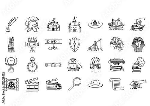 Historical & Cultural Heritage Icon Collection, Ancient Civilizations and Classic Cinema Vector Set, History, Exploration, and Storytelling Symbols Pack