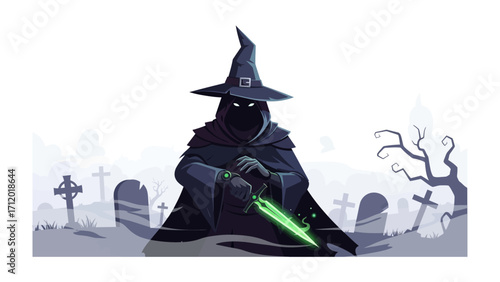 Shadowed Figure in Cemetery: A shadowy figure clad in a cloak stands in a graveyard. Cloaked in an air of mystery, holding an ominous green dagger, the scene is both captivating and eerie.