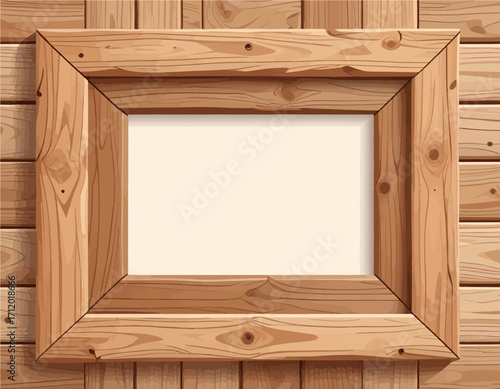 Rustic Wooden Frame Displaying a Blank Canvas on a Textured Wood Panel Background
