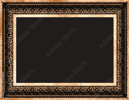 Elegant antique-style rectangular frame featuring intricate decorative patterns and a distressed, sepia-toned texture with a black center placeholder