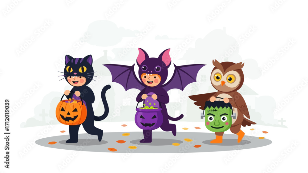 Fototapeta premium Enchanting Halloween Parade: Three children dressed in captivating costumes, each clutching a decorative basket, embark on a spooky journey, filled with excitement for the upcoming festivities. 