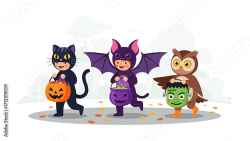 Enchanting Halloween Parade: Three children dressed in captivating costumes, each clutching a decorative basket, embark on a spooky journey, filled with excitement for the upcoming festivities. 