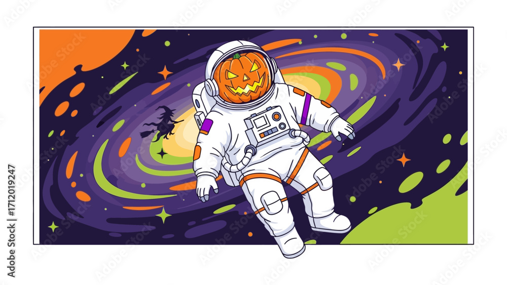 Fototapeta premium Pumpkin Astronaut in Space: A whimsical illustration features a pumpkin-headed astronaut floating through the vast expanse of space, accompanied by a whimsical witch and cosmic elements.