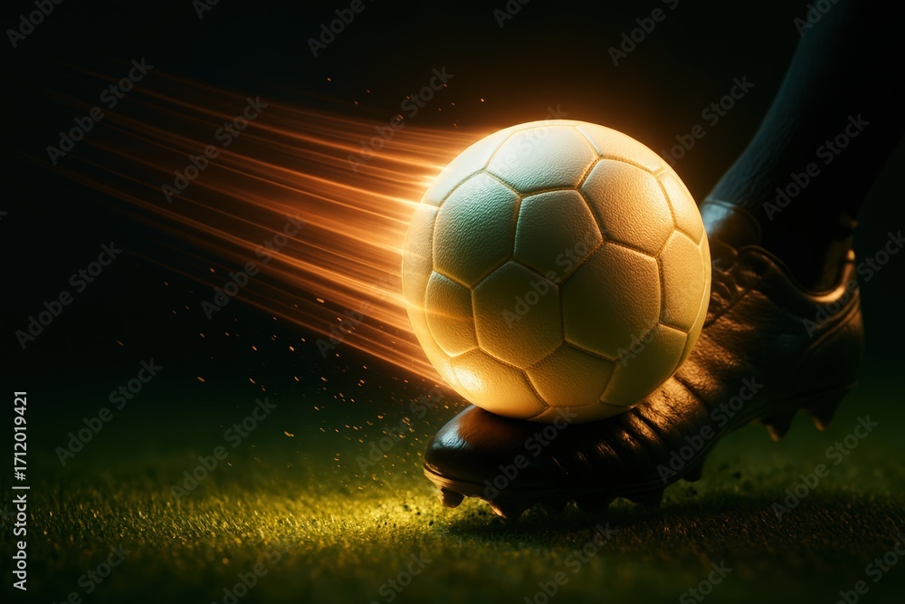 Fototapeta premium Strong soccer ball strike in action. Use for competitive football ads, fitness promotions, athletic branding, and sports apparel campaigns. 