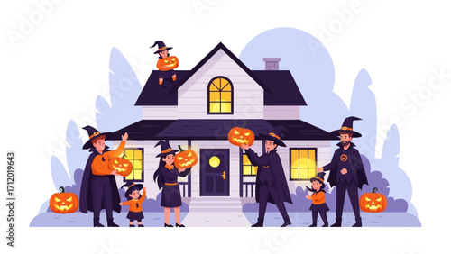 Spooky Halloween Gathering: A festive Halloween scene unfolds, with a decorated house, jack-o'-lanterns, and costumed individuals celebrating the holiday's spirit.