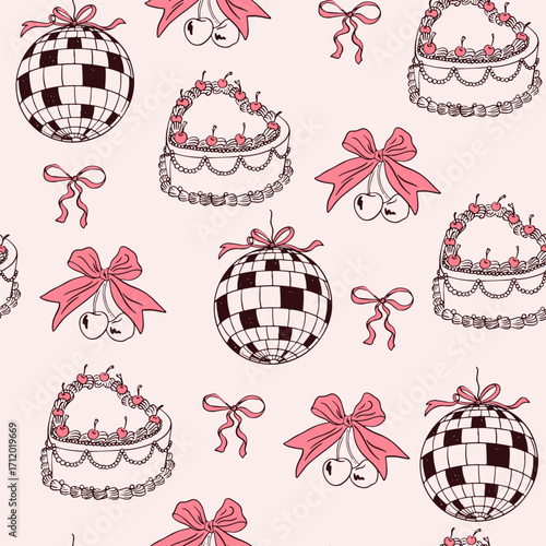 Hand drawn whimsical coquette seamless pattern. Vintage background with bows, cake, disco ball and cherry for wedding invitation, valentine day. Vector romantic wallpaper, wrapping paper, textile