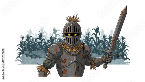 Enchanted Knight's Vigil: A valiant knight, adorned in rustic armor and straw accents, stands sentinel before a mysterious cornfield, an archaic sword held at the ready
